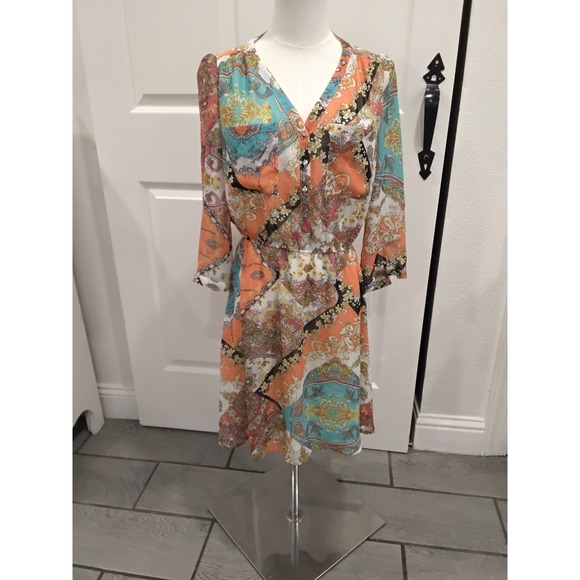 Umgee USA Dresses & Skirts - Umgee USA Women Paisley‎ Scarf Print V-Neck Dress Orange Teal Boho 3/4 Sleeve M